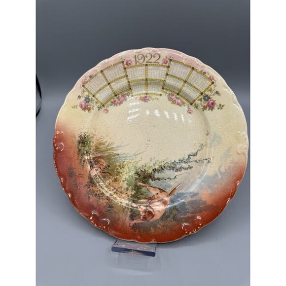 Antique 1922 Calendar Plate D.E. McNicol Pottery Dog Rabbit Hunt Scene - Picture 2 of 6